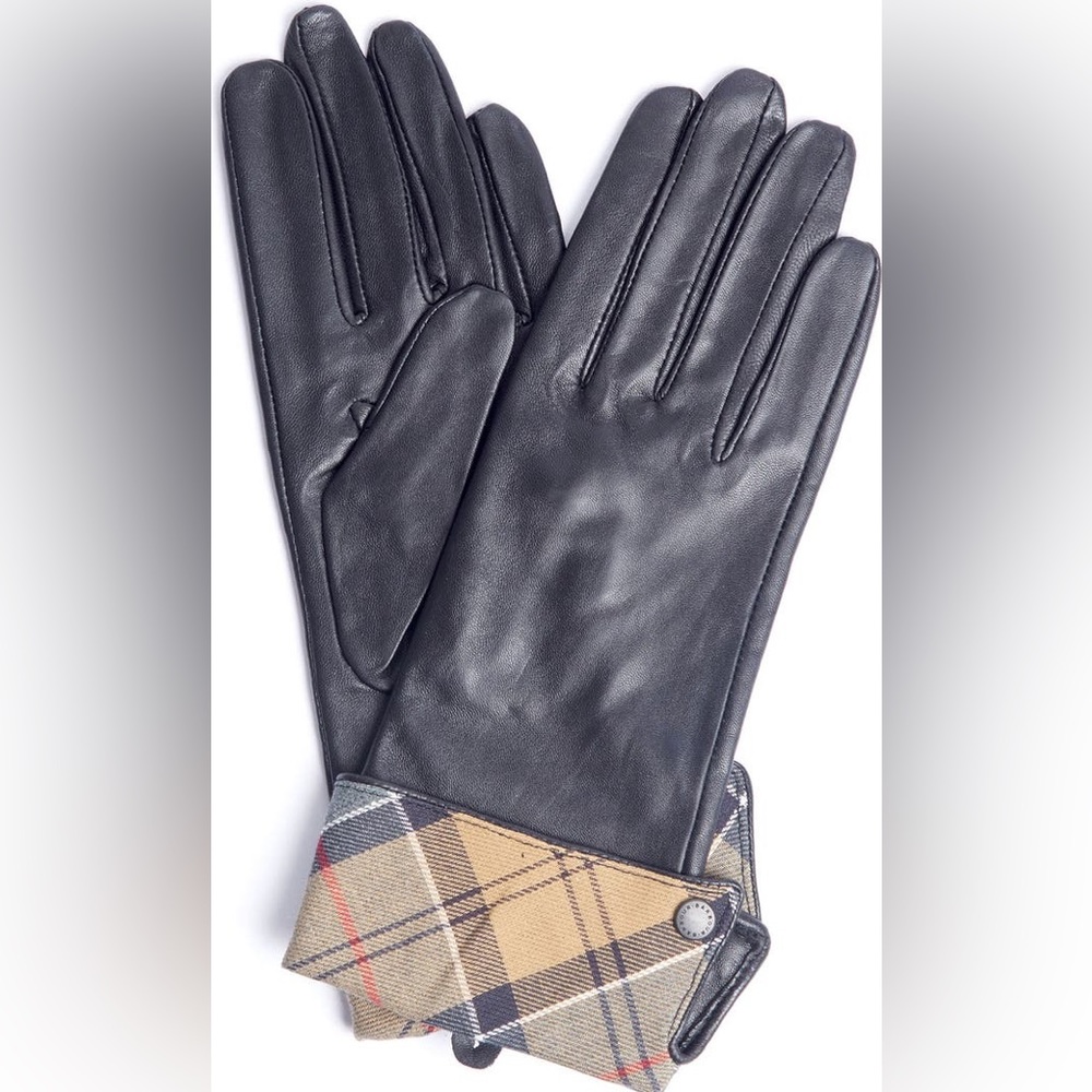Barbour Black Leather Gloves with Tartan Cuff